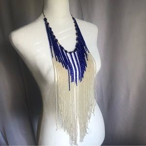 Women’s Blue White Adjustable String Beaded Necklace